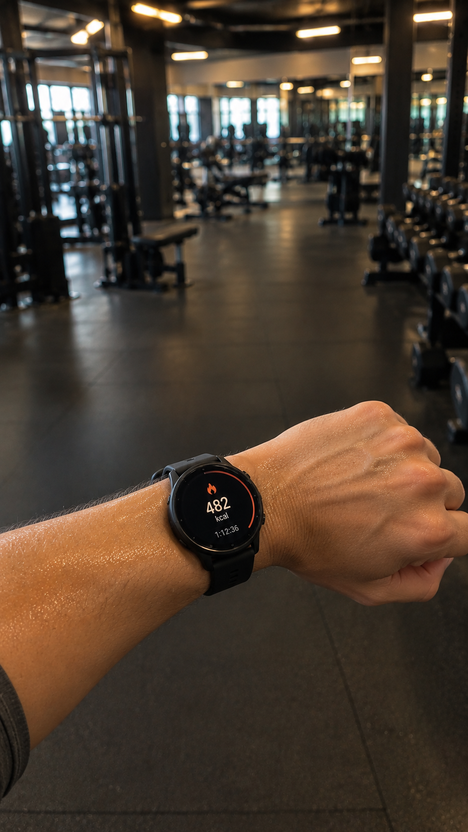 Mão e antebraço com smartwatch mostrando calorias, após concluir o treino na academia, sem mostrar o rosto